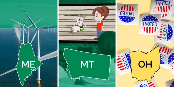 On the left, an offshore wind project with the state outline of Maine. In the middle, someone watches an animated video of a state constitution with the state outline of Montana. On the right, I voted stickers with the state outline of Ohio.