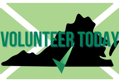 Text reading "Volunteer today" over the state outline of Virginia with the LCV logo.