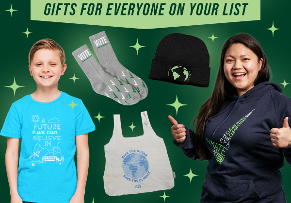 Gifts for everyone on your list. Image of a smiling child in LCV tee, images of LCV Vote socks, LCV tote bag and beanie, and smiling adult in LCV hoodie.