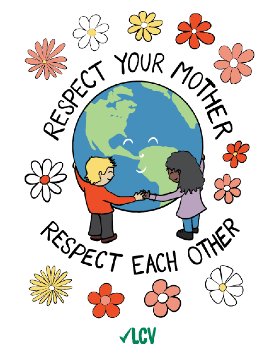 Illustration of children holding hands around planet Earth with cartoon flowers, with text Respect Your Mother, Respect Each Other.